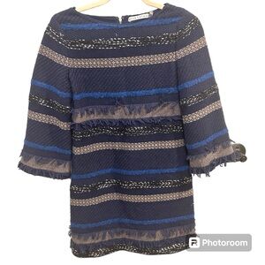 Alice and Olivia Striped Fringe Dress Size 0 EUC blue black metallic M0641